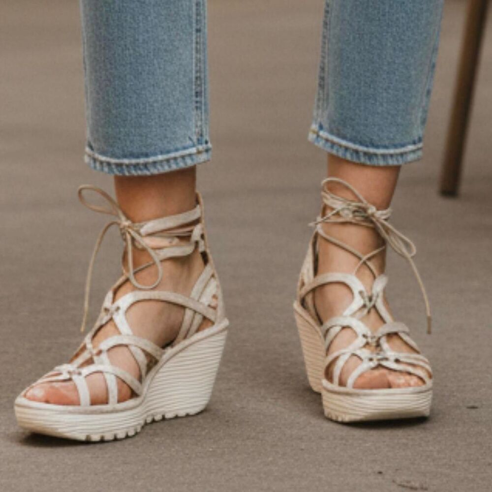 Fly London Yuke Metallic Wedge Gladiator Sandals Lace-Up Silver Gold EU 41 US 10